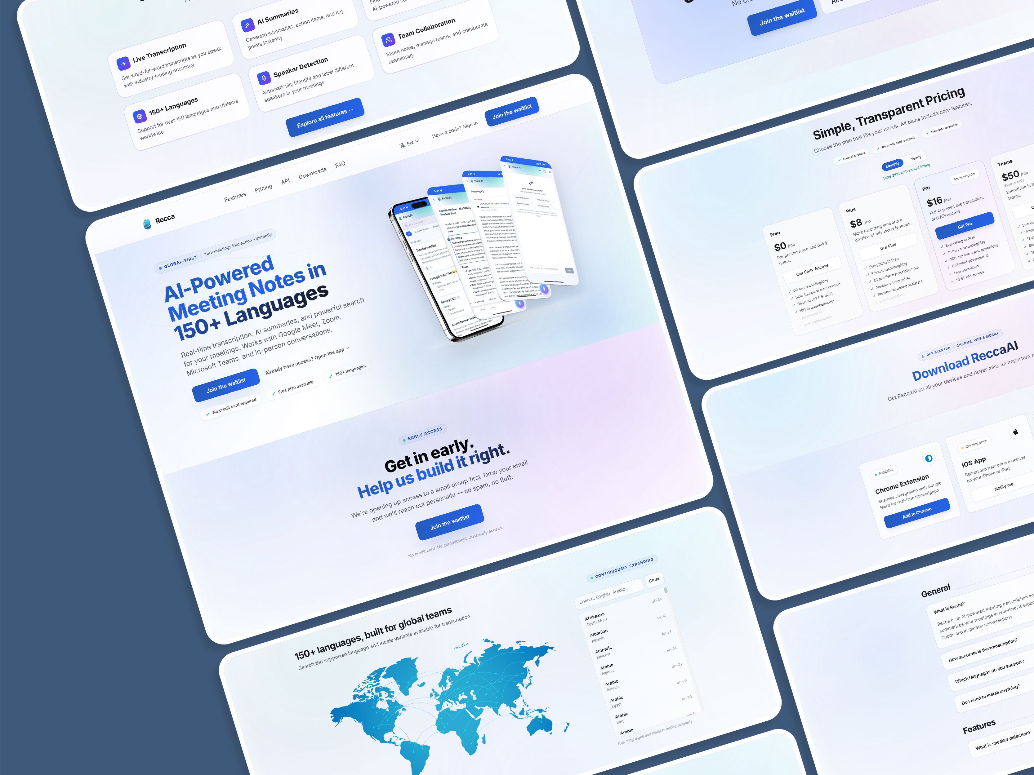 Recca AI marketing site shown across several screens