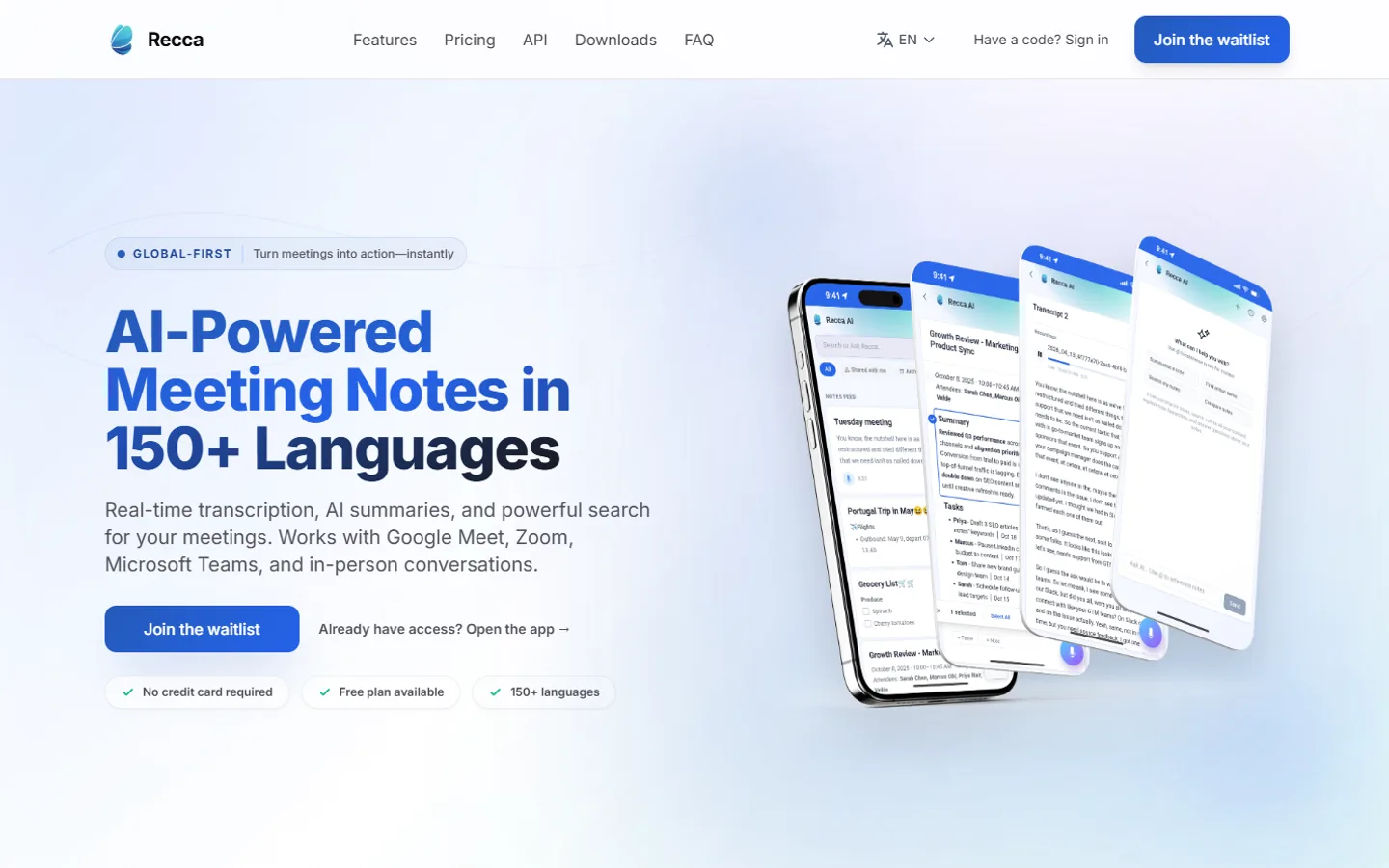 The ReccaAI home page: the headline “AI-Powered Meeting Notes in 150+ Languages” in blue, beside a fan of phone screens showing transcripts, summaries and task lists.
